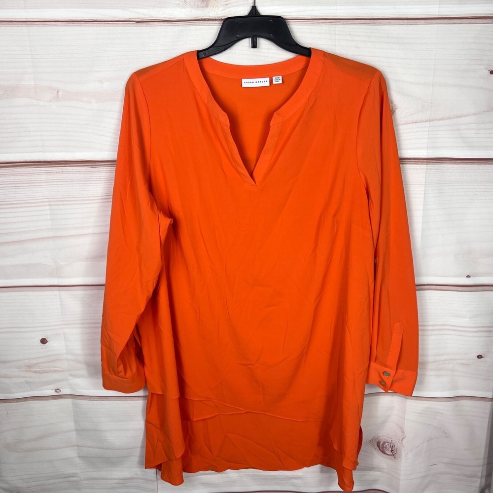 Susan Graver Top Womens 22W Orange Woven Stretch Tunic Blouse Long Sleeve Solid